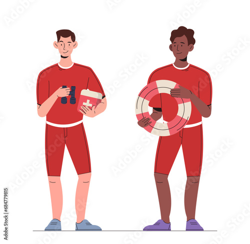 Lifeguards on beach set. Two men in red swimsuits with lifebuoy and binoculars in hands. Protection and safety at beach. Cartoon flat vector collection isolated on white background
