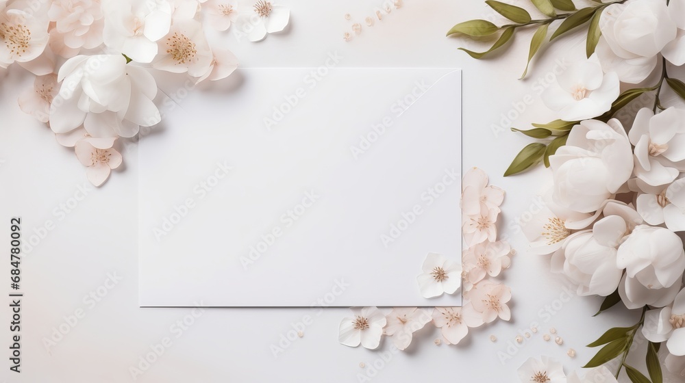A beautiful wedding invitation that is surrounded by flowers in the top view. A beautiful wedding invitation that is surrounded by flowers in the top view.