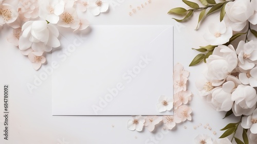A beautiful wedding invitation that is surrounded by flowers in the top view.