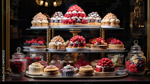 Showcase in a candy store. A variety of sweet pastries.