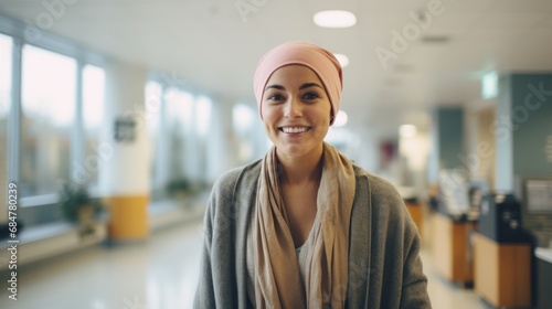 Bold young woman cancer patient smiling at hospital photo