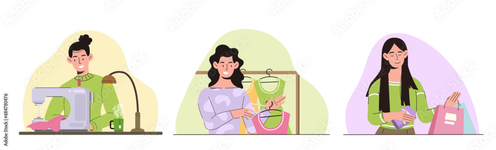 Market of economic activity set. Textile industry and fashionable clothes production process. Seamstress with needlework at workshop. Cartoon flat vector collection isolated on white background Market of economic activity set. Textile industry and fashionable clothes production process. Seamstress with needlework at workshop. Cartoon flat vector collection isolated on white background