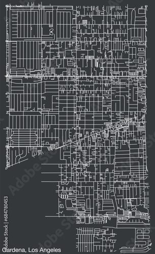 Detailed hand-drawn navigational urban street roads map of the CITY OF GARDENA of the American LOS ANGELES CITY COUNCIL, UNITED STATES with vivid road lines and name tag on solid background