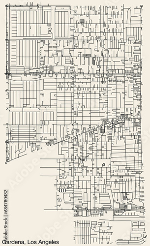 Detailed hand-drawn navigational urban street roads map of the CITY OF GARDENA of the American LOS ANGELES CITY COUNCIL, UNITED STATES with vivid road lines and name tag on solid background