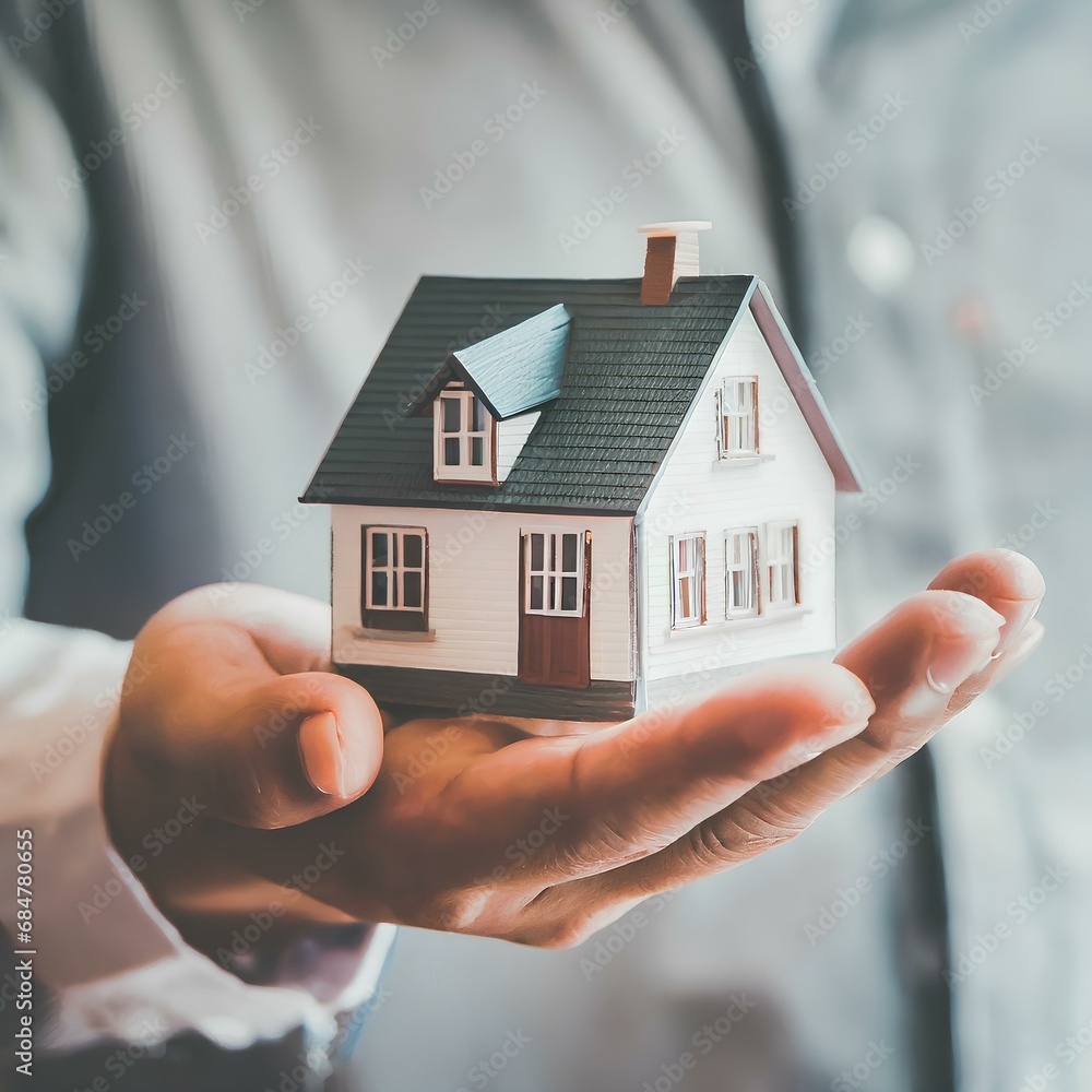 Real Estate Agent holding a Model House, Concept of buying a house Real Estate Agent holding a Model House, Concept of buying a house
