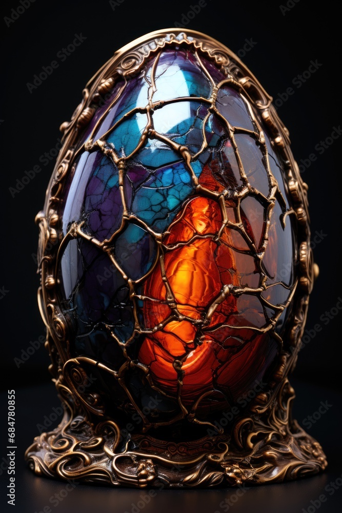 A colorful glass egg sitting on top of a table. A colorful glass egg sitting on top of a table.