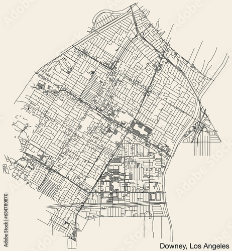 Detailed hand-drawn navigational urban street roads map of the CITY OF DOWNEY of the American LOS ANGELES CITY COUNCIL, UNITED STATES with vivid road lines and name tag on solid background