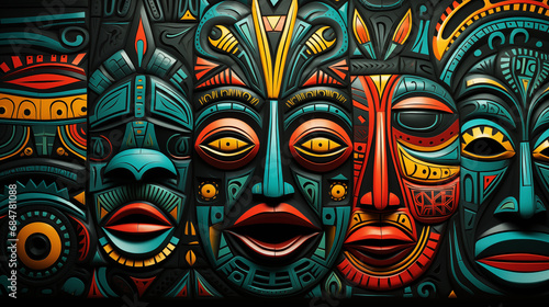 Seamless African ethnic pattern with colorful geometric patterns with traditional African masks