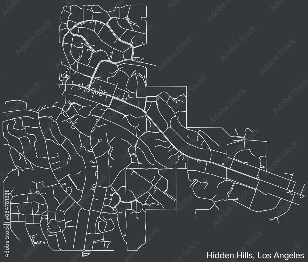Obraz premium Detailed hand-drawn navigational urban street roads map of the CITY OF HIDDEN HILLS of the American LOS ANGELES CITY COUNCIL, UNITED STATES with vivid road lines and name tag on solid background