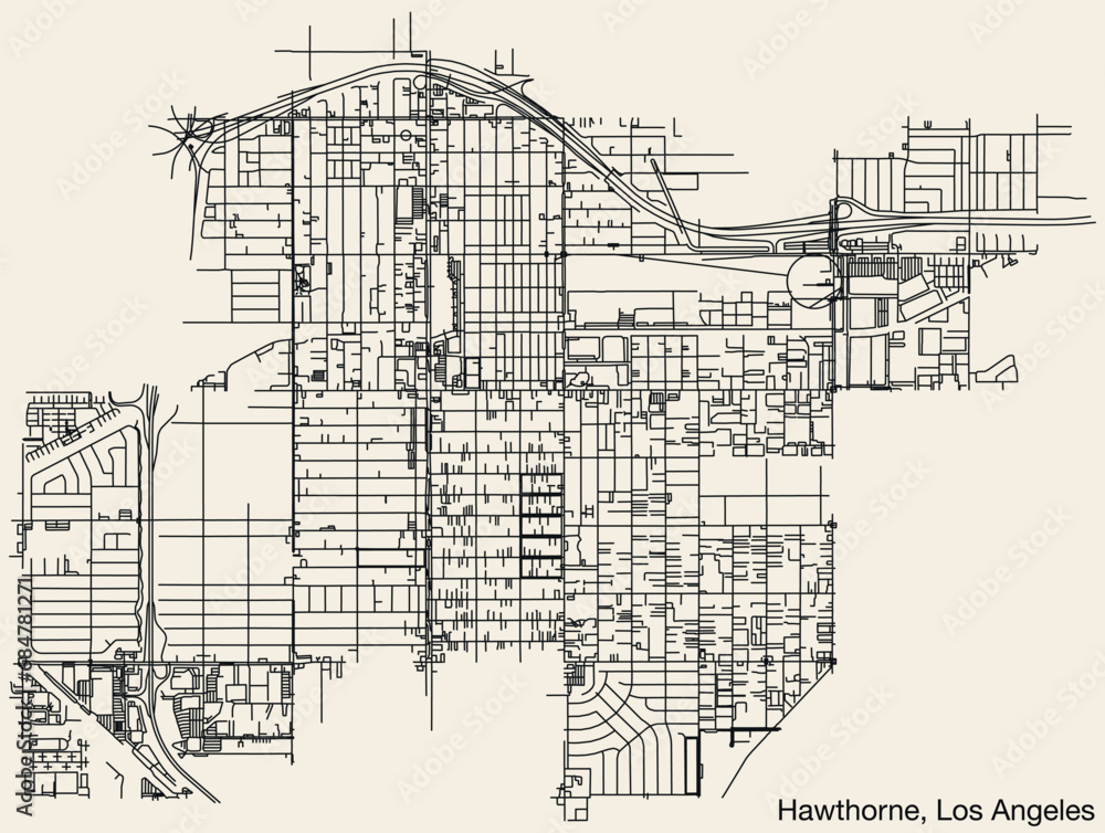Fototapeta premium Detailed hand-drawn navigational urban street roads map of the CITY OF HAWTHORNE of the American LOS ANGELES CITY COUNCIL, UNITED STATES with vivid road lines and name tag on solid background