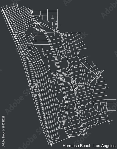 Detailed hand-drawn navigational urban street roads map of the CITY OF HERMOSA BEACH of the American LOS ANGELES CITY COUNCIL, UNITED STATES with vivid road lines and name tag on solid background