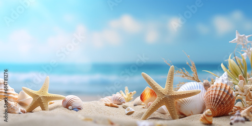 Sea sand beach mockup with seashells, starfish at seaside with sea waves background. Suncare template for spf protection cream. Tropical summer vacation beach background. Travel holiday background. © Ron Dale