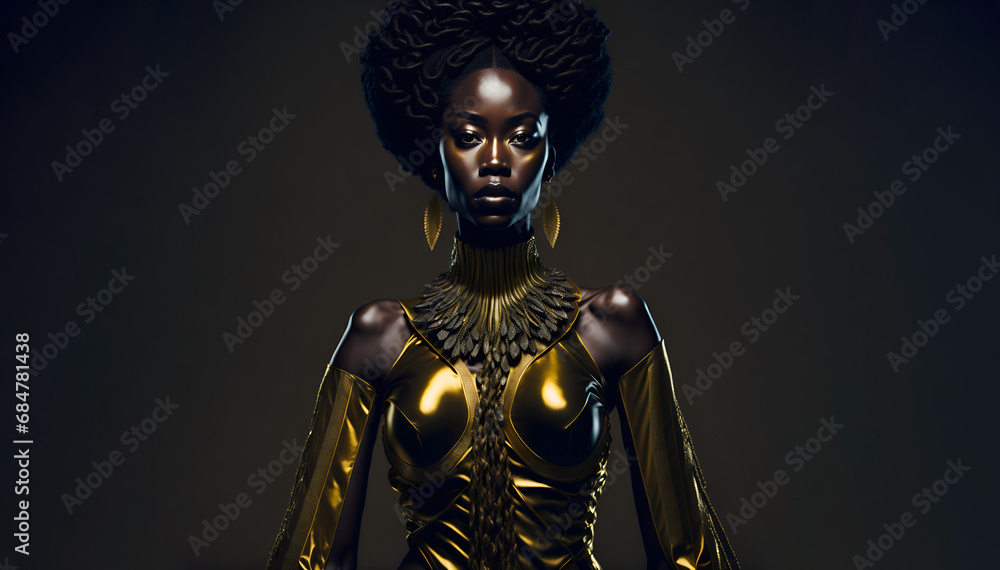 Beautiful black woman with stunning golden outfit. Copy space Beautiful black woman with stunning golden outfit. Copy space