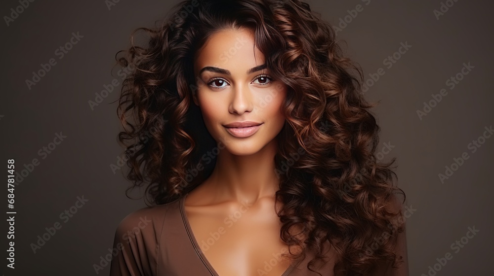 A pretty young woman with curly hair standing alone A pretty young woman with curly hair standing alone