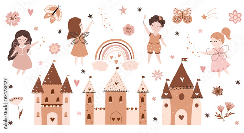 Vector childish cute set with fairy, stars, unicorn, castle, rainbow and butterfly. Fairy with a magic wand vector illustration. Cartoon fairy for baby, girl.	