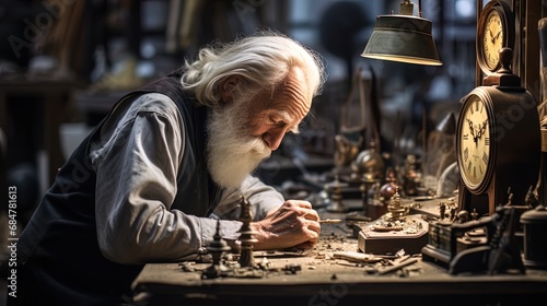 An old man sitting in a workshop, restoring the old clock