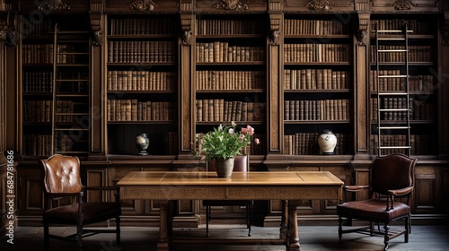 A cabinet with a massive oak table, book shelves and a soft chair