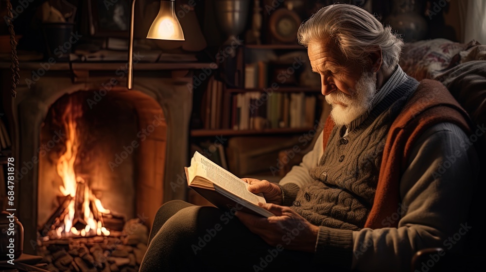 Fototapeta premium A serious European pensioner reading a book in a cozy room