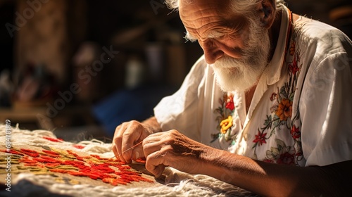 A pensioner of Mediterranean origin, making embroidery in the sun