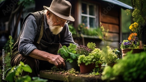 A pensioner from Scandinavia, with satisfaction considering his garden