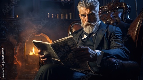 A serious look of a man reading the newspaper in a cozy chair