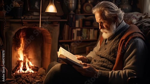 A serious European pensioner reading a book in a cozy room