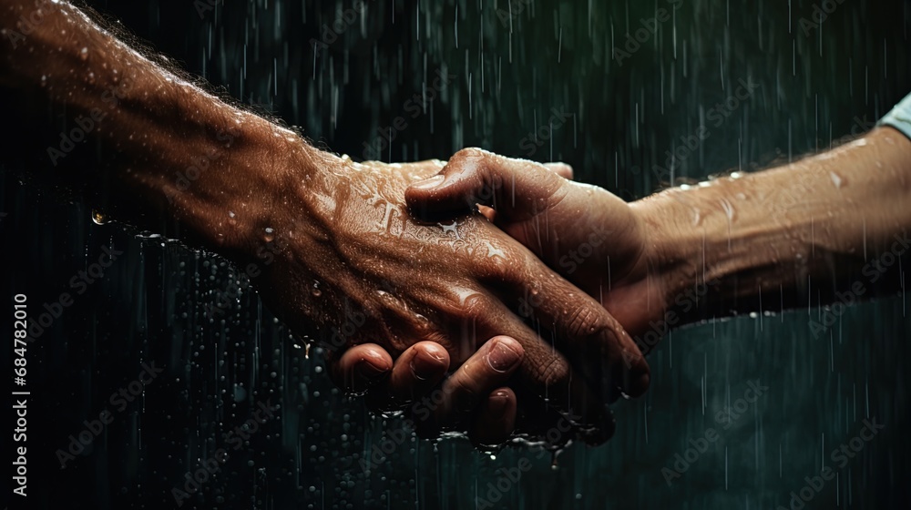 Hands moistened with rain create a warm hug