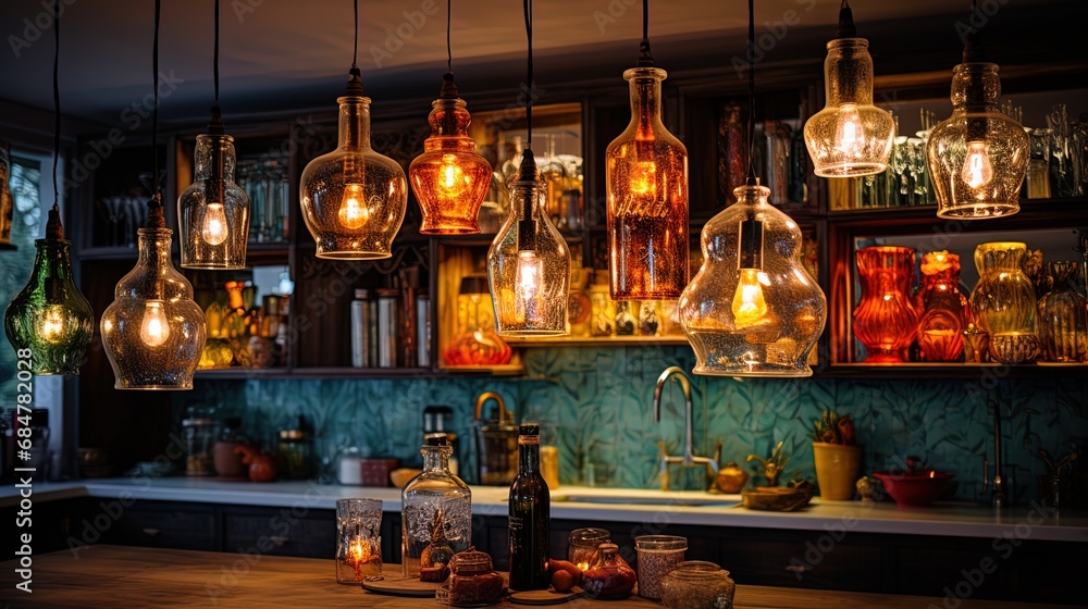 Kitchen with original lamps, decorative bottles and light furniture