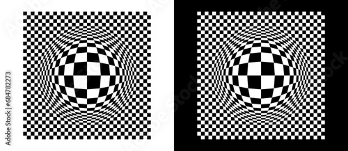 Distorted checkered background for any design. Black shape on a white background and the same white shape on the black side.