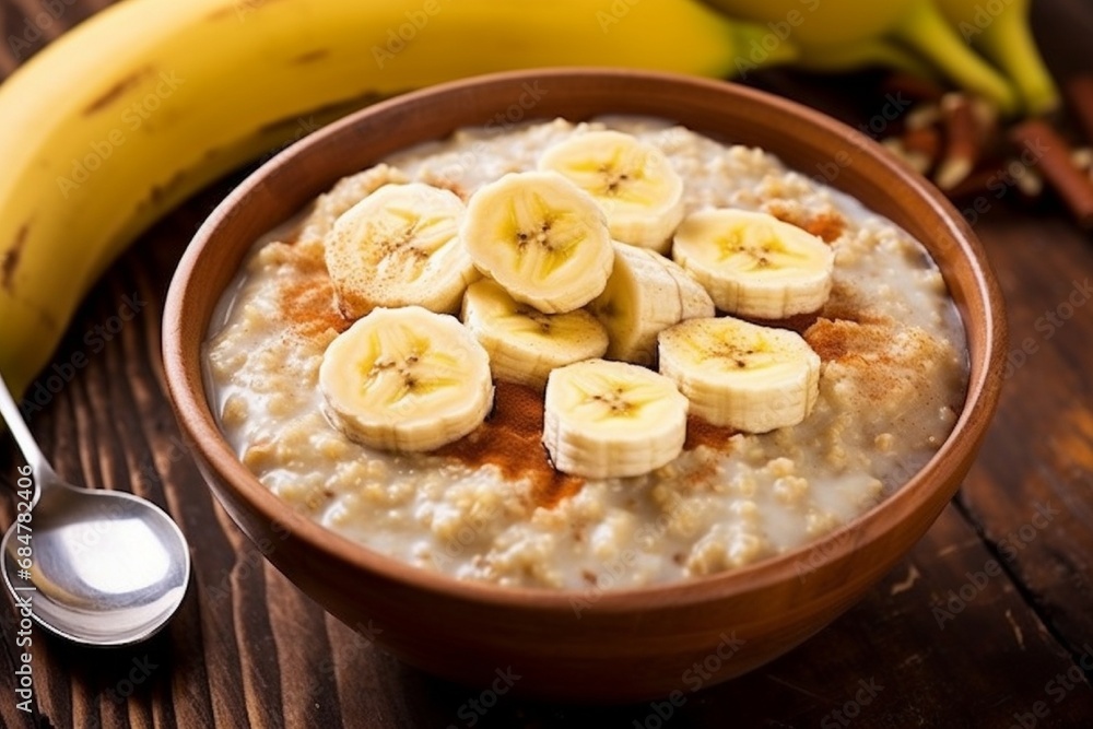 A bowl of warm oatmeal with a dollop of honey, sliced bananas, and a sprinkle of cinnamon. A bowl of warm oatmeal with a dollop of honey, sliced bananas, and a sprinkle of cinnamon.
