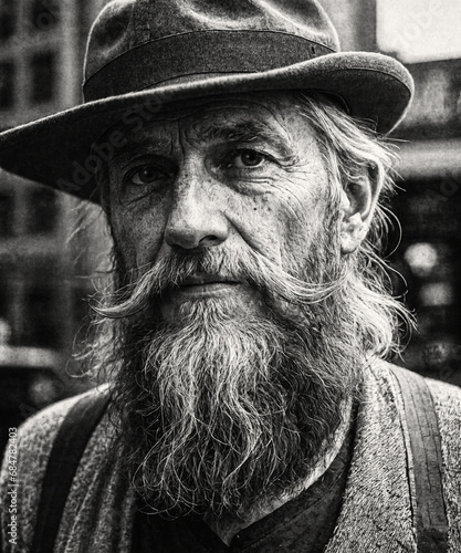 Portrait of an elderly man with gray hair, mustache and beard. Black and white street photography style. Homelessness, insecurity and mental health concept. 