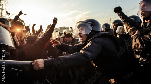 capturing the tumultuous clash between riot police and protesters photo