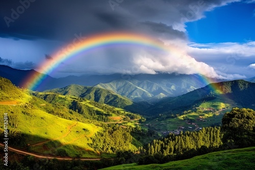 A breathtaking rainbow arching over a lush valley, with the promise of clear skies after a passing storm.