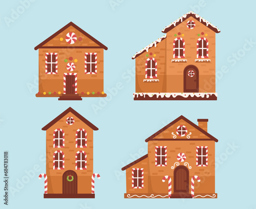 Set of gingerbread houses. Homemade pastry and bakery products for Christmas and New Year. Dessert and delicacy for winter holidays. Cartoon flat vector collection isolated on blue background