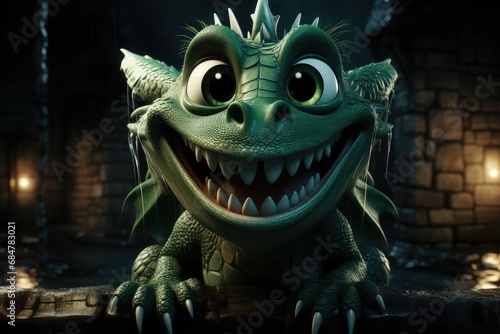 Smiling green cartoon baby dragon. Cute reptile