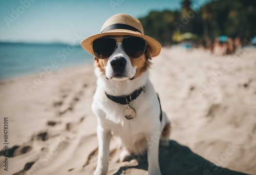 A dog wearing a hat and sunglasses on the beach Summer vacation with pets © ArtisticLens
