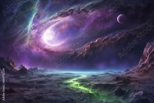 In the captivating photograph  a terrifying cosmic event unfolds in the vastness of the lunar landscape. The image  presented as an otherworldly painting  shows a monstrous nebula of swirling purple
