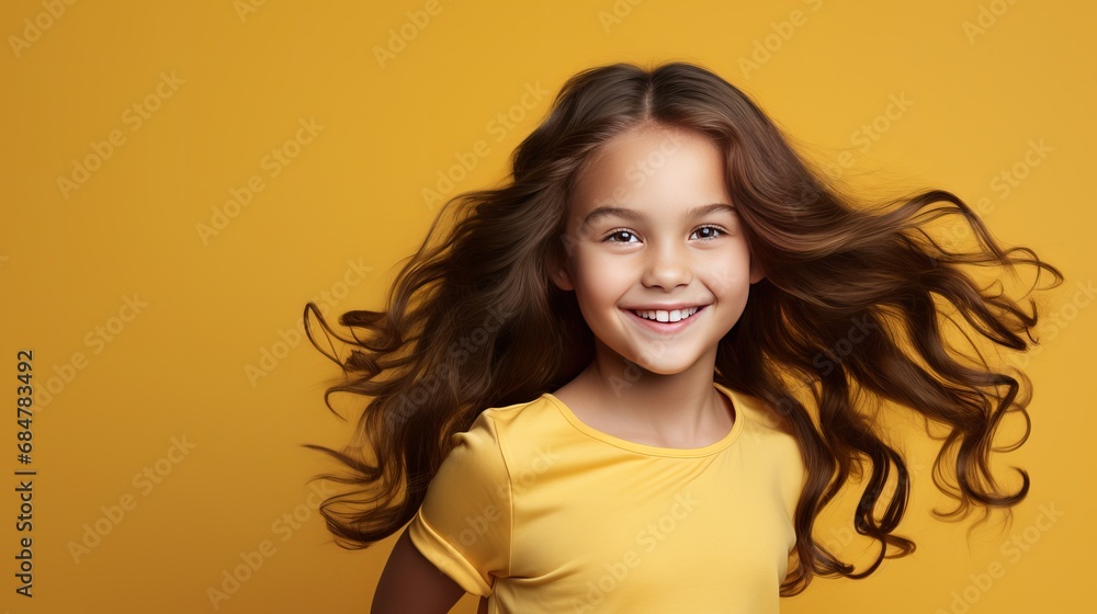 Happy child with long hair on a yellow background Happy child with long hair on a yellow background