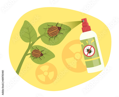 Spray in insects concept. Anti mosquito product. Bugs at leaves of plants and harvest. Farming and agriculture. Care about crop. Cartoon flat vector illustration isolated on white background