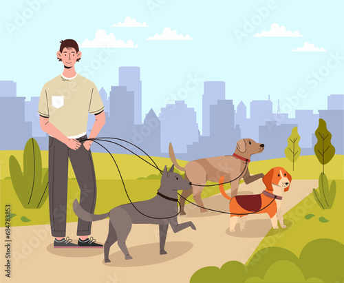 Boy walks dogs concept. Man with his domestic animals at leashes go to city park. Active lifestyle and household routine. Young guy with pets at walk. Cartoon flat vector illustration