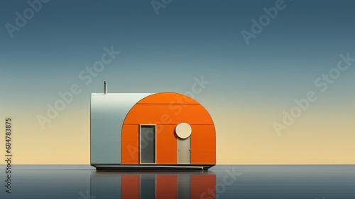 A small orange building sitting on top of a body of water.