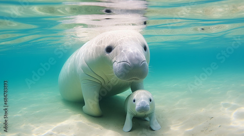 Mother Dugong Teaches Baby Dugong to Swim