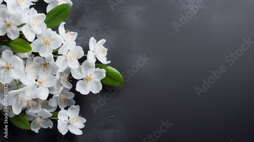 Paniculata flowers are placed on a grey background and there is a copy space in the middle.