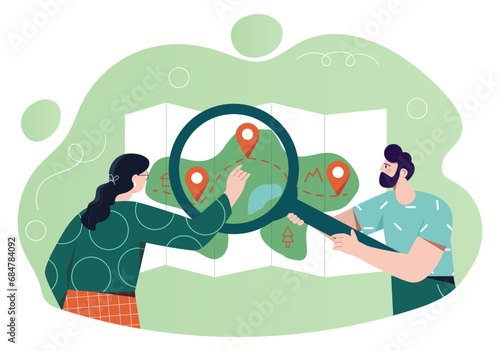 Tourism map concept. Man and woman with magnifying glass near map with different locations. Travelers and tourist planning route. Hiking and camping, active lifestyle. Cartoon flat vector illustration