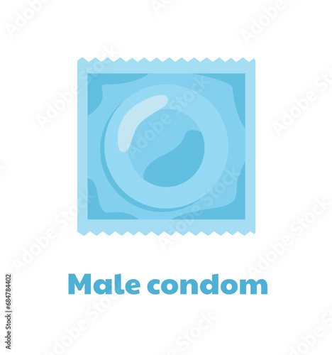 Type of contraception concept. Male condom in package. Sexual eductaion. Medical infographic. Sticker for social networks and messengers. Cartoon flat vector illustration isolated on white background