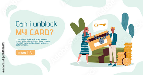 Unblock card poster. Landing page design. Banking transaction and operation. Cashless transfer and electronic commerce. Security and protection of personal data. Cartoon flat vector illustration
