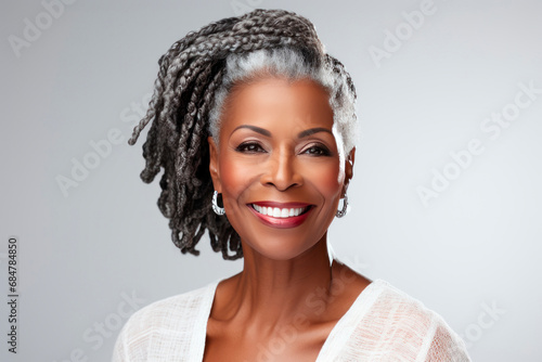 Elderly black woman with smooth healthy facial skin. Beautiful aging mature woman with gray hair, dreadlocks, happy face. Concept of advertising beauty and cosmetics for women's skin care. Copy space