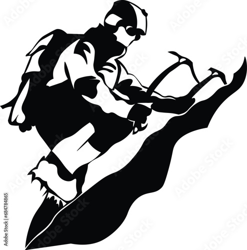 Cartoon Black and White Isolated Illustration Vector Of A Mountain Climber Climbing a Mountain with Climbing Axes