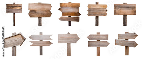 Collection of blank rustic wooden signs isolated on transparent background. photo