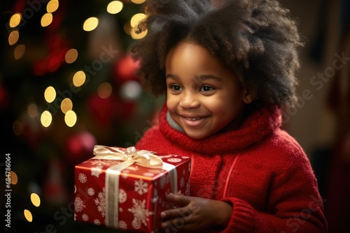 Joyful Child with Christmas Gift Amidst Holiday Lights  © Distinctive Images